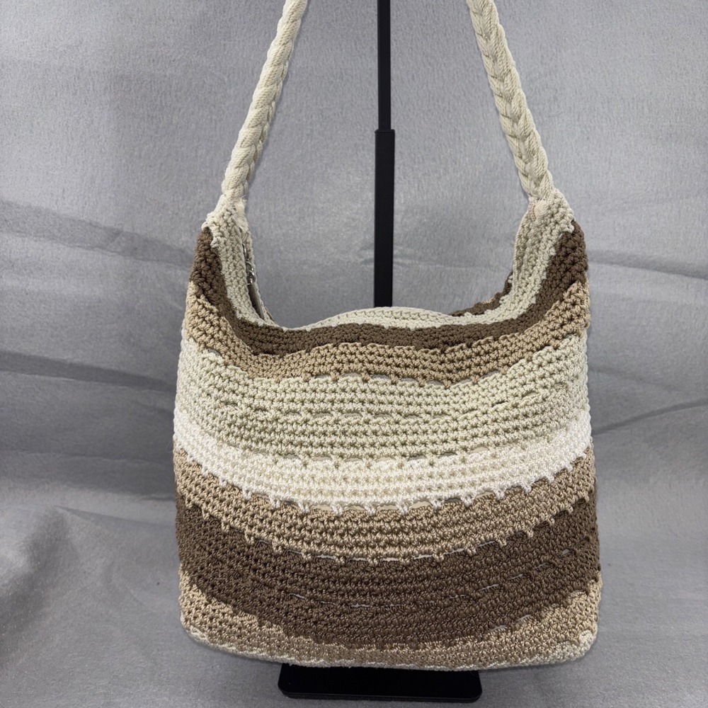 Lina Crocheted Knit Purse Shoulder Bag Cream Beige Brown Braided Strap Boho